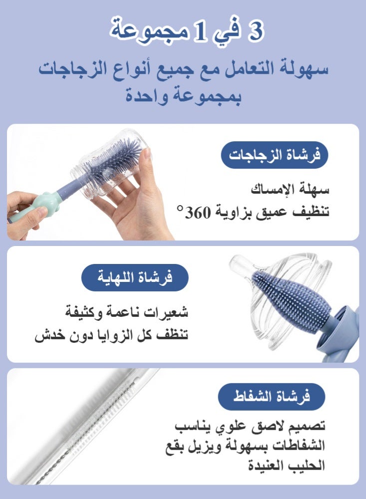 BBMORE 3-in-1 Silicone Feeding Bottle Brush,  Bottle Cleaning Brush with Long Handle Portable for Baby Bottles, Sports Bottle, Vase, Glassware, Smaller Diameter Bottle Openings（Blue) - Image 2